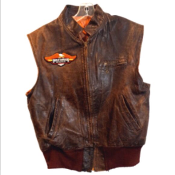Men’s Distressed Brown Leather Vest XL Full Zip Lined Pockets Vintage w/ Patches - Picture 10 of 11